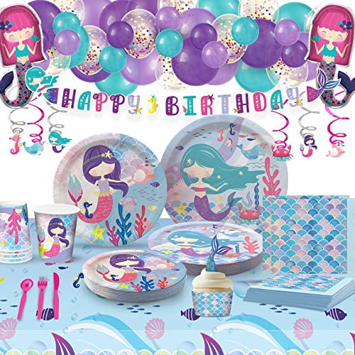 Napkins Table Cover Banner Mermaid Happy Birthday Party Supplies Serves 16: Mermaid-Shaped Plates Napkins Table Cover Banner Mermaid Happy Birthday Party Supplies Serves 16: Mermaid-Shaped Plates